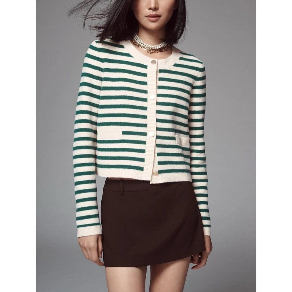 ANTHROPOLOGIE NVLT Size Medium Striped Sweater Lady Jacket Cardigan Green Ivory